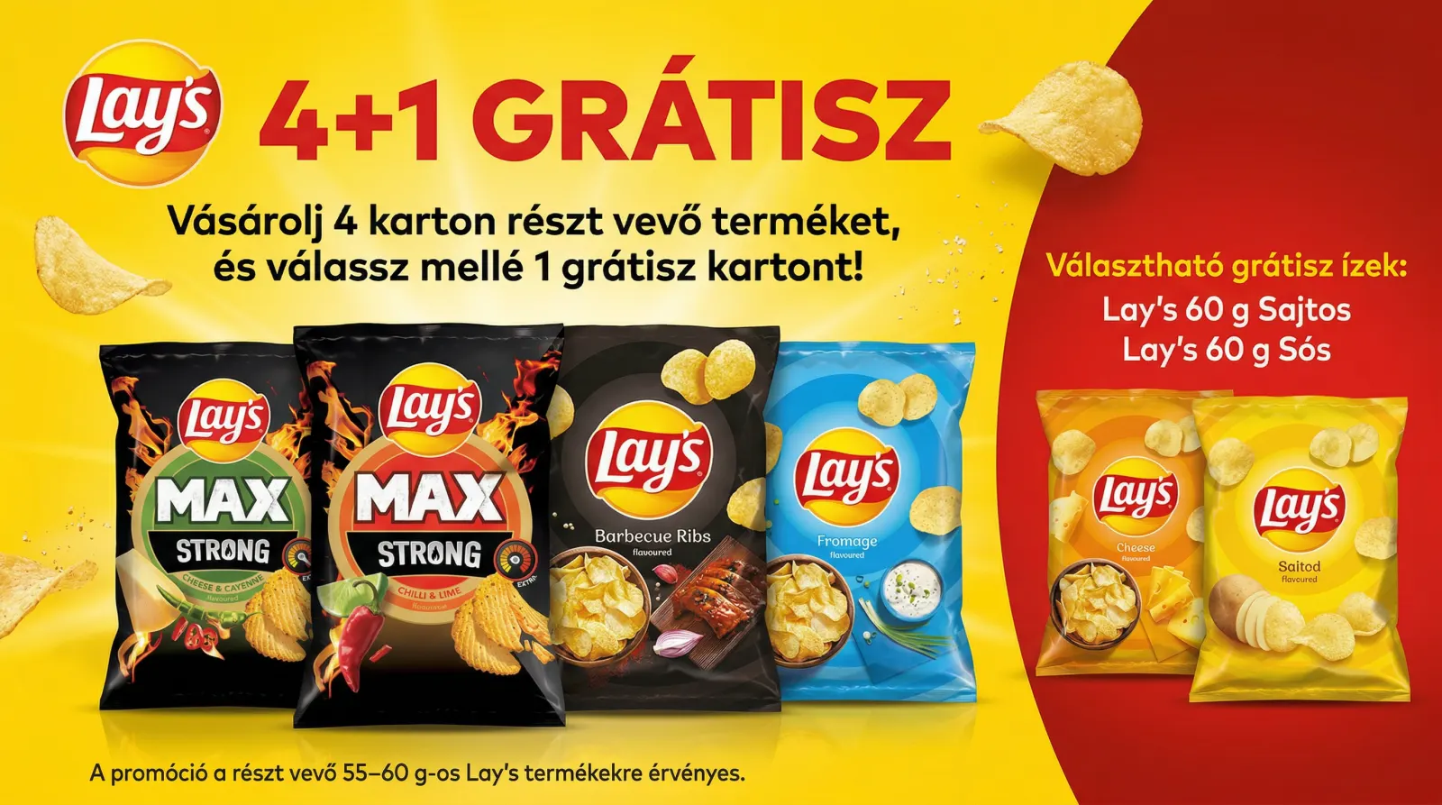 Lay’s 55–60 g 4+1 grátisz promóció